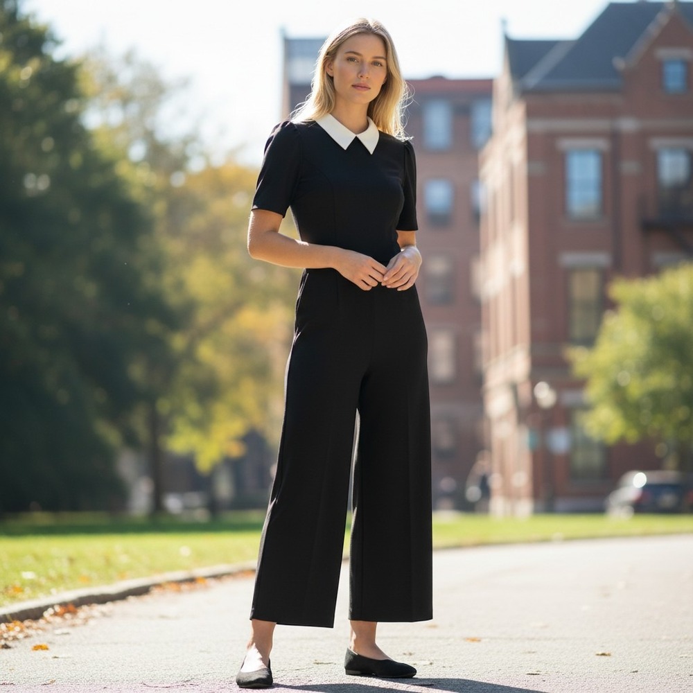 NWOT Tommy Hilfiger Womens Black White Contrast Collar Wide Leg Jumpsuit Size 2